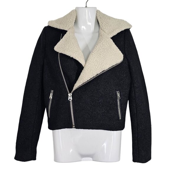 Adam Levine Womens Black Sherpa Collar Lined Moto Jacket Wool Blend‎ XS - Picture 1 of 10